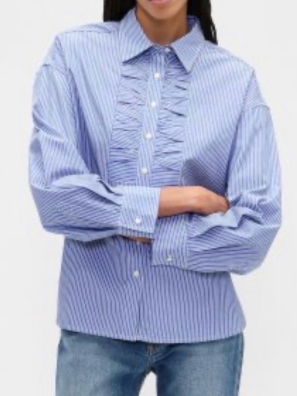 GAP Blue Striped Poplin Dress Shirt with Pintucked Tuxedo Front